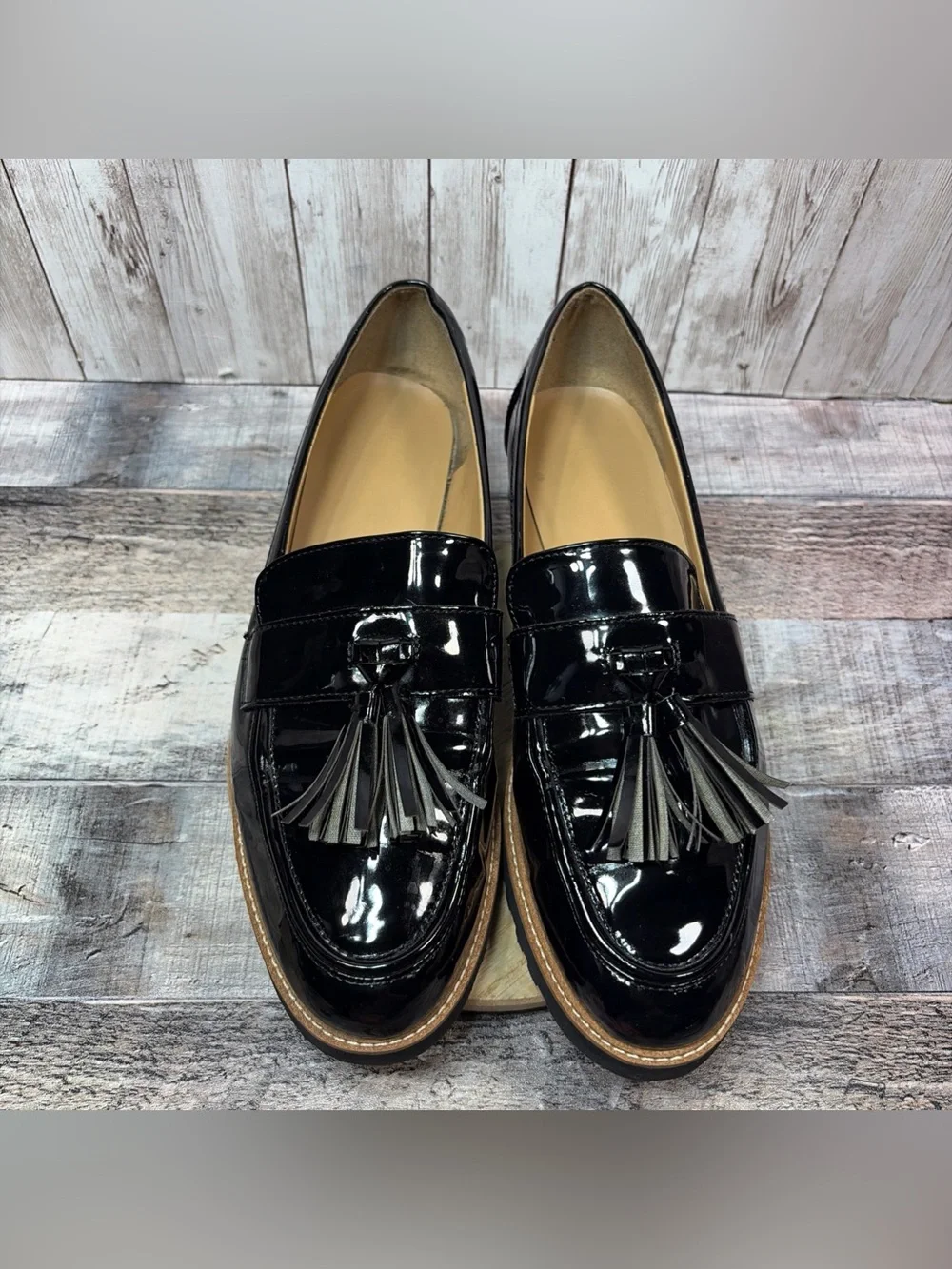 Franco Sarto Carolyn Women’s Black Man Made Loafers Tassel Glossy 9.5 M